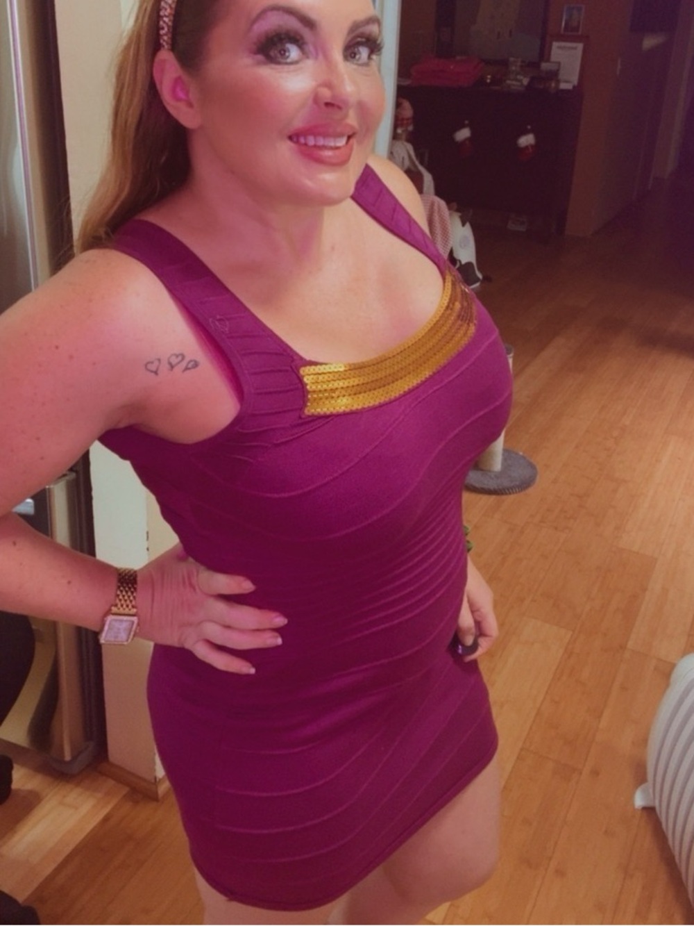 Fitted Purple Bodycon Dress with Gold Sequin Accent